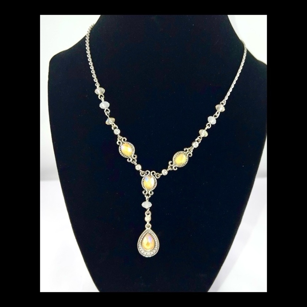 Vtg Y2K Avon Silvertone SH Y Necklace Yellow Citrine Opalescent Opaline Glass